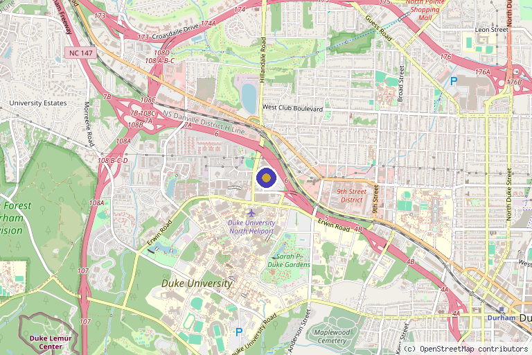 Map showing the location of Duke Adult Bone Marrow Transplant in Durham, NC