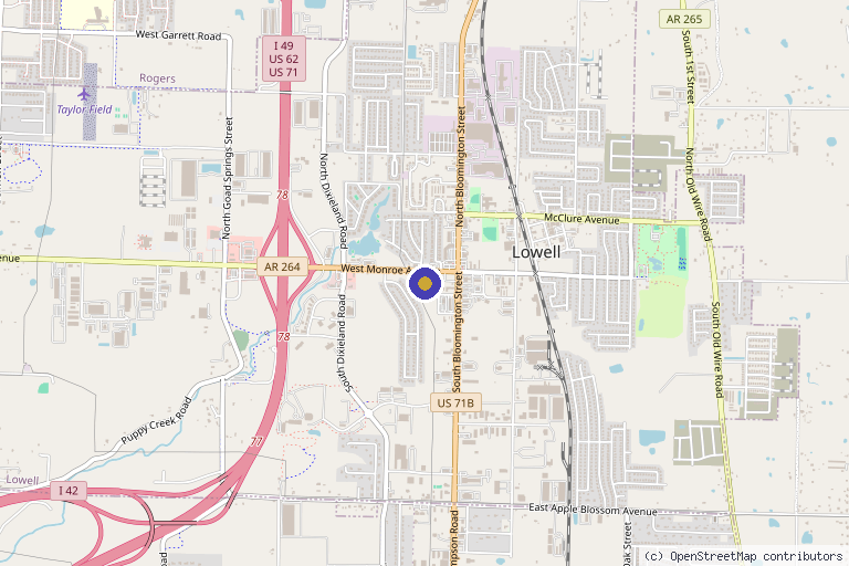 Map showing the location of Dr. Tammy Tucker's Healing Art Centers in Lowell, AR