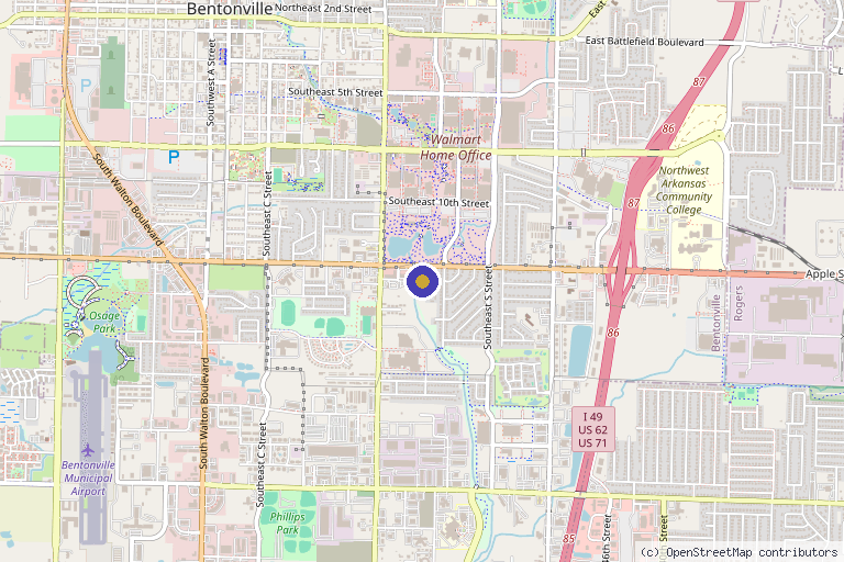 Map showing the location of Arkansas Health and Aesthetics in Bentonville, AR