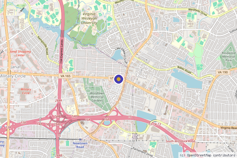 Map showing the location of Gary L. Simmons, DO, MSHA in Norfolk, VA