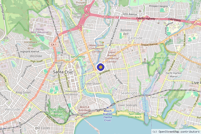 Map showing the location of One Point Six Aesthetics in Santa Cruz, CA