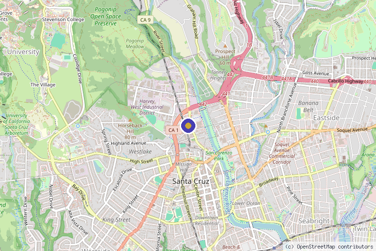 Map showing the location of Santa Cruz CORE Fitness + Rehab in Santa Cruz, CA