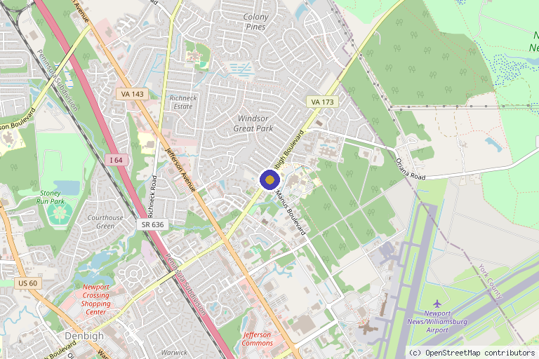 Map showing the location of QC Kinetix (Newport News) in Newport News, VA