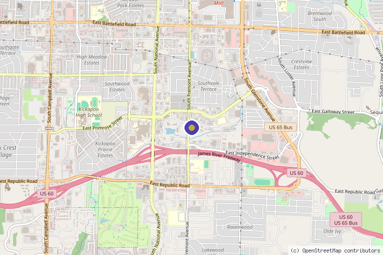 Map showing the location of Counter Negative, Cold plunge, Cryotherapy, Red Light Therapy, infrared and steam sauna, float, Oxygen, Compression in Springfield, MO