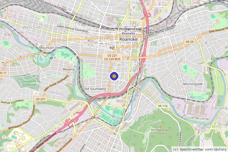 Map showing the location of Appalachian Integrative Health in Roanoke, VA