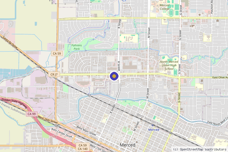 Map showing the location of Valley Performance Physical Therapy in Merced, CA
