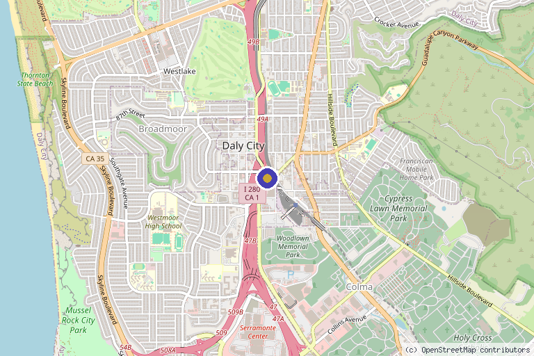Map showing the location of Peninsula Sports & Medicine in Daly City, CA