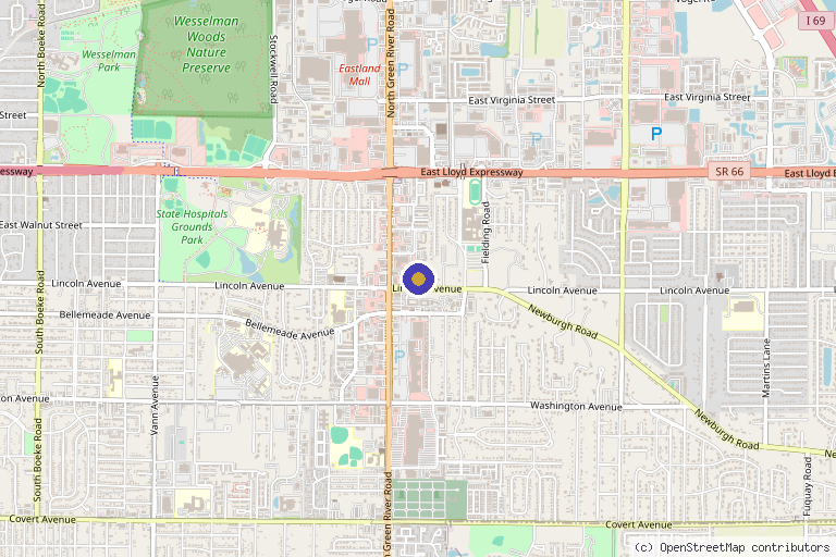 Map showing the location of Evansville Dermatology & Advanced Aesthetic in Evansville, IN