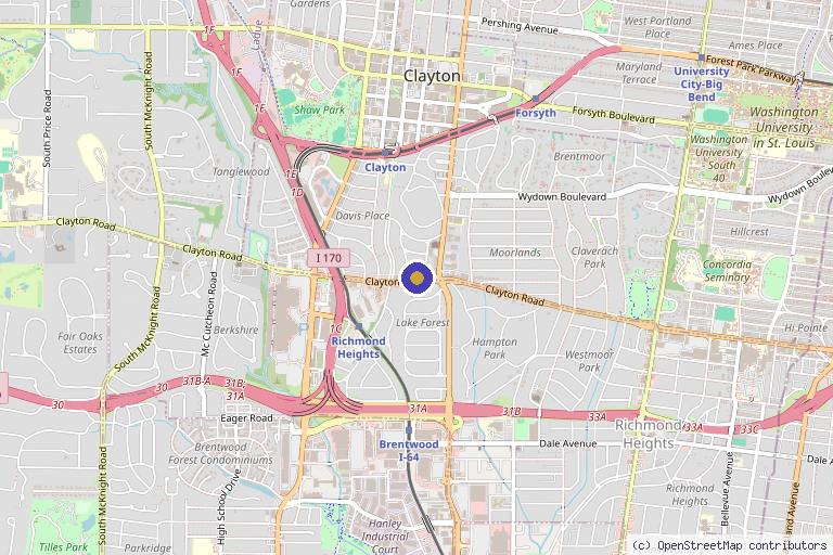 Map showing the location of The Shine Spa in Clayton, MO