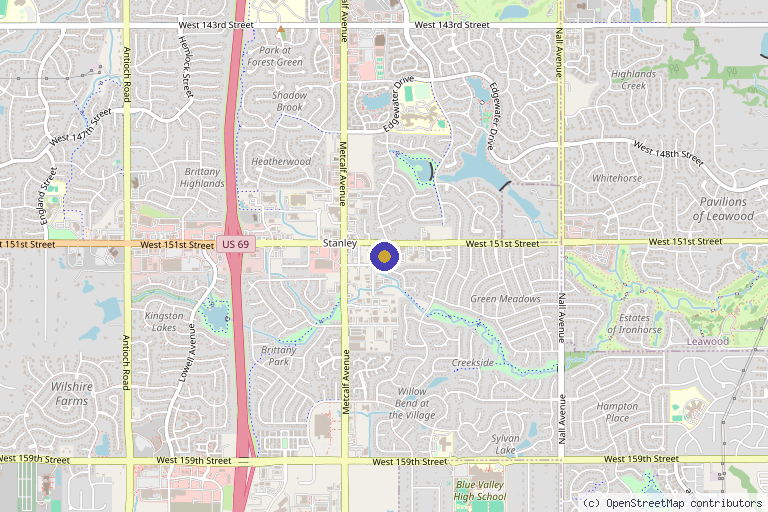 Map showing the location of Rejuvv Luxury Spa - Overland Park in Overland Park, KS
