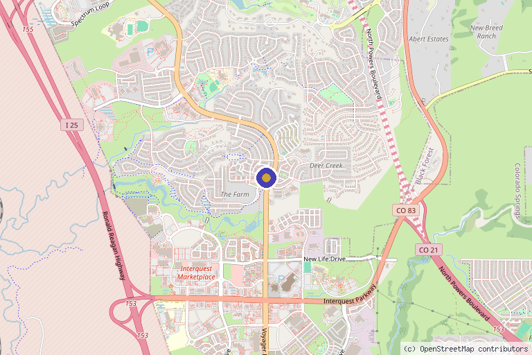 Map showing the location of LUXUS Aesthetics + Wellness Colorado in Colorado Springs, CO
