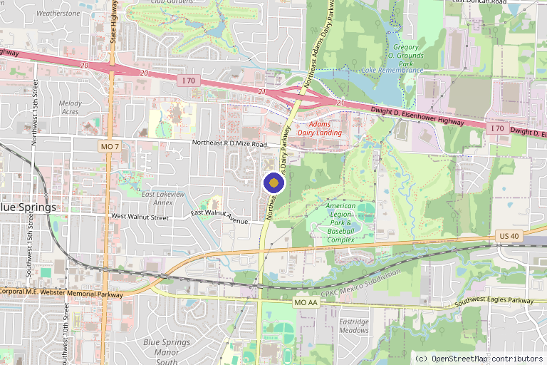 Map showing the location of ARC Physical Therapy+ in Blue Springs, MO