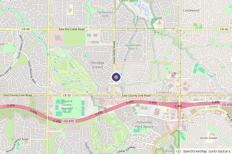 Map showing the location of Aviva Med Spa in Centennial, CO