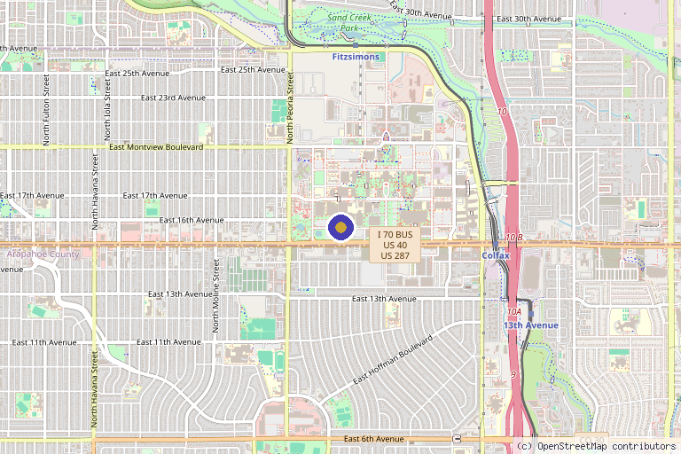 Map showing the location of UCHealth Burn and Frostbite Center – Anschutz Medical Campus in Aurora, CO