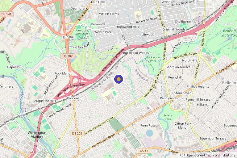 Map showing the location of ChristianaCare Wound Care and Hyperbaric Medicine Center in Wilmington, DE