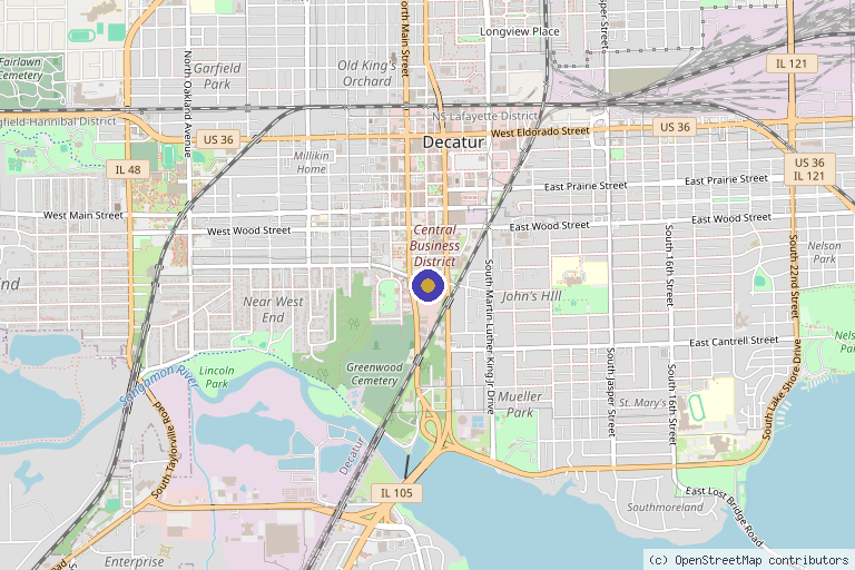 Map showing the location of VYBE Med Spa in Decatur, IL