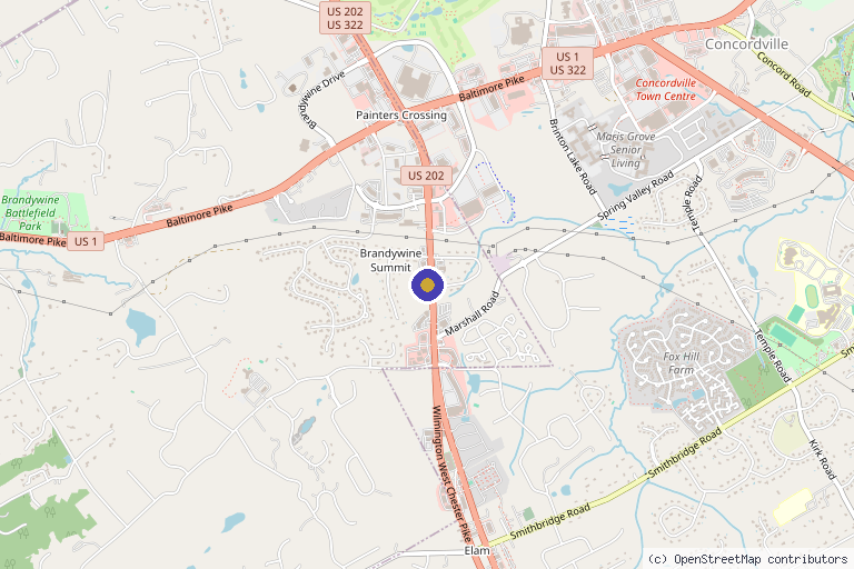 Map showing the location of The Center For Sports Medicine & Wellness in Glen Mills, PA