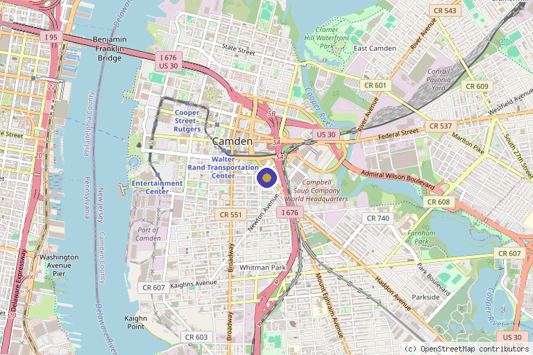 Map showing the location of Coriell Institute for Medical Research in Camden, NJ