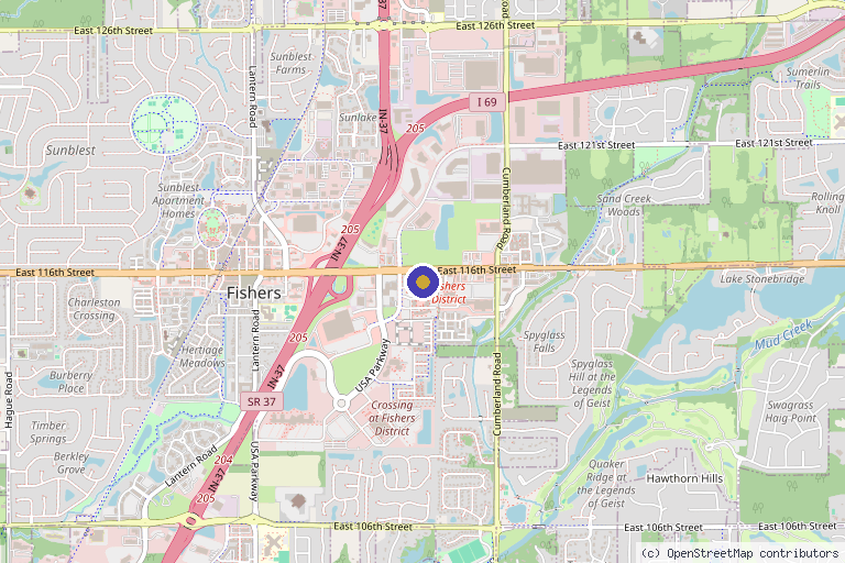 Map showing the location of SHarper Surgery, Spa + Salt Lounge in Fishers, IN