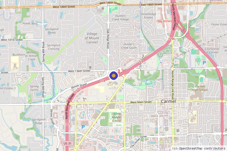 Map showing the location of QC Kinetix (Carmel) in Indianapolis, IN