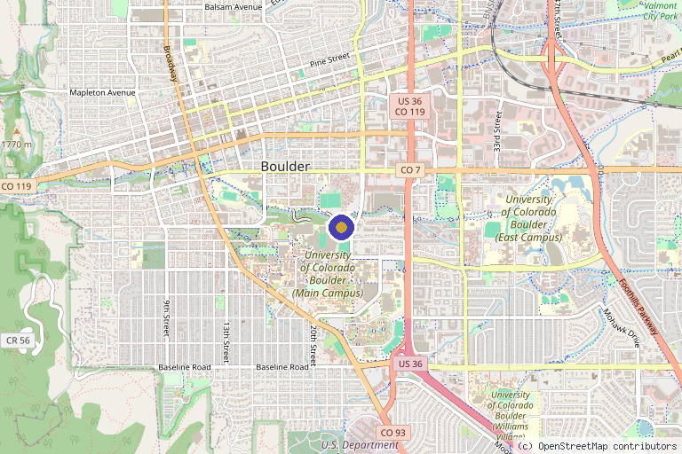 Map showing the location of CU Sports Medicine and Performance Center in Boulder, CO