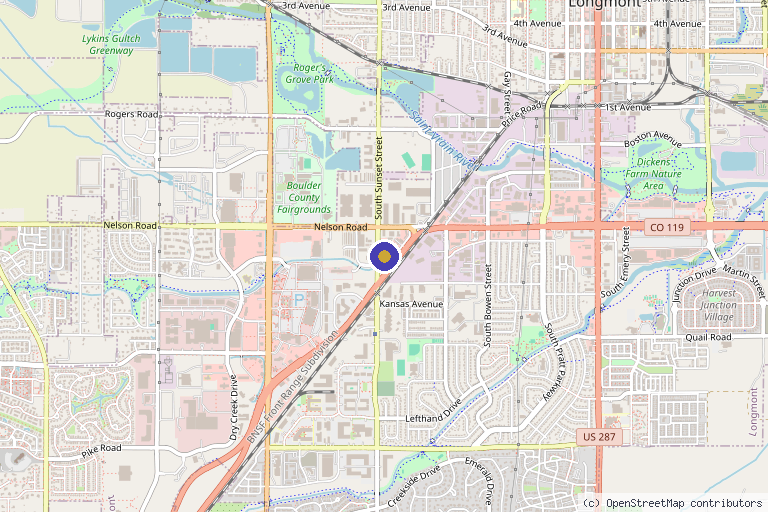 Map showing the location of Rocky Mountain Beauty Bar in Longmont, CO