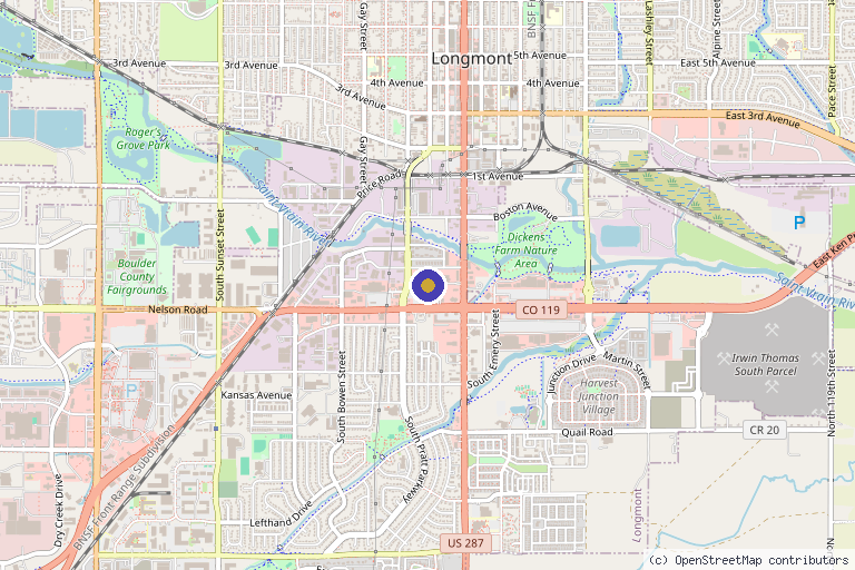 Map showing the location of Axios Health and Wellness in Longmont, CO