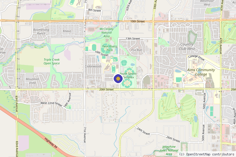Map showing the location of Accelerated Rehab Therapy of Greeley CO in Greeley, CO