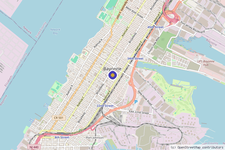 Map showing the location of New Jersey Spine and Pain Institute, LLC in Bayonne, NJ