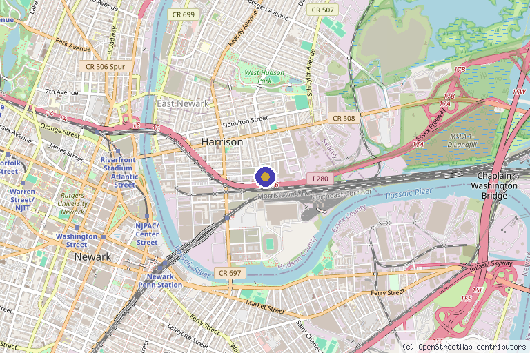 Map showing the location of The Center for Medical Healing in Harrison, NJ