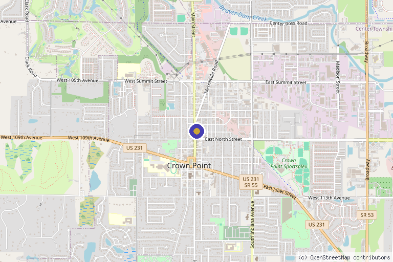 Map showing the location of Plump and Glo Aesthetics in Crown Point, IN
