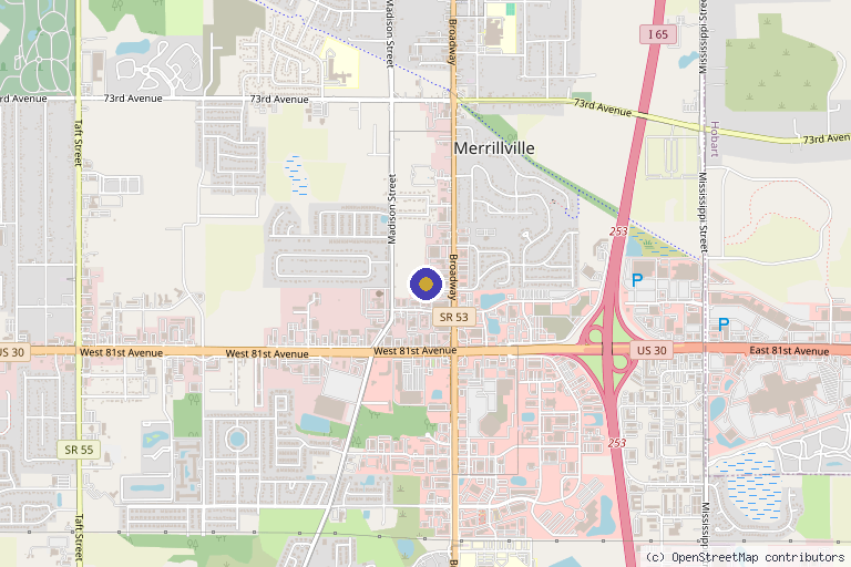 Map showing the location of Mane Image Hair Replacement Center in Merrillville, IN