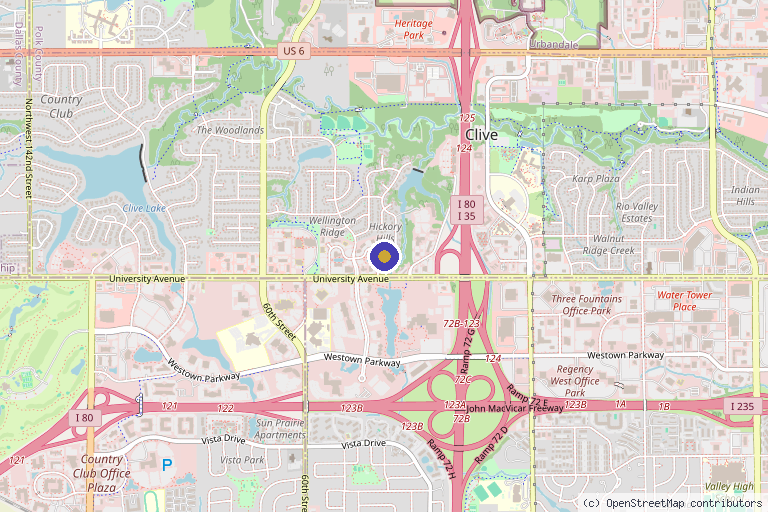 Map showing the location of Des Moines Hyperbaric Oxygen Therapy Center in Clive, IA