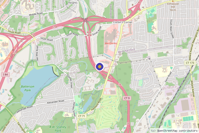 Map showing the location of Lov MedSpa West Farms in Farmington, CT