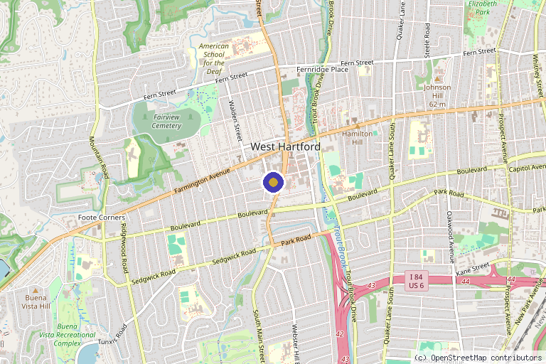 Map showing the location of Mia's Medical Spa in West Hartford, CT