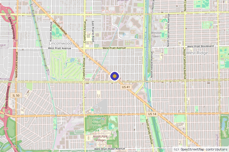 Map showing the location of Skinflection Laser and Facial Med Spa in Lincolnwood, IL