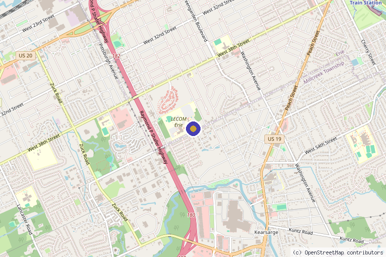 Map showing the location of Lake Erie College of Osteopathic Medicine (LECOM) in Erie, PA
