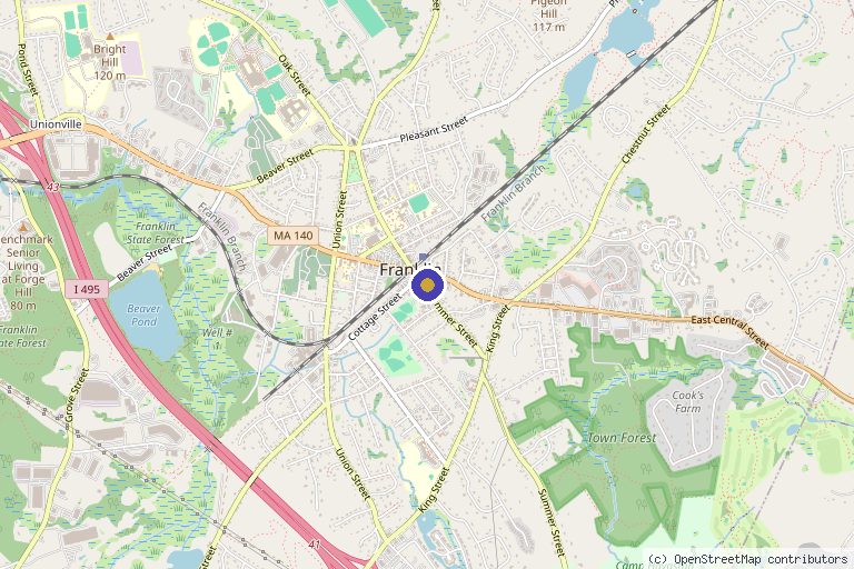 Map showing the location of The Aesthetics Lounge in Franklin, MA