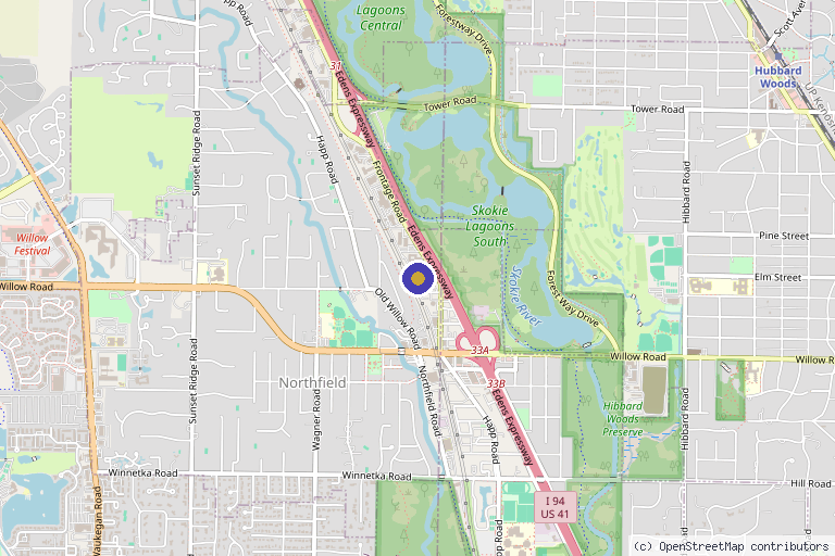 Map showing the location of 369 Wellness Center in Northfield, IL