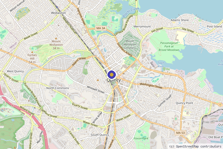 Map showing the location of Compass Beauty in Quincy, MA
