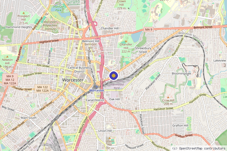 Map showing the location of THE REACTORY in Worcester, MA