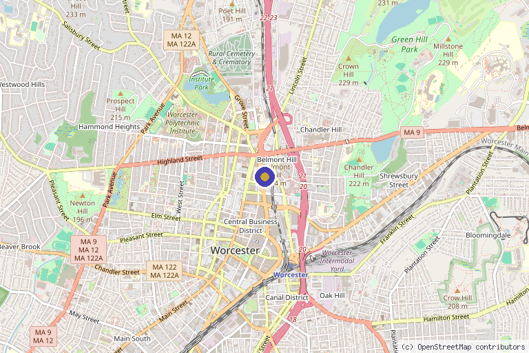 Map showing the location of Biomere Biomedical Research Models, Inc. in Worcester, MA