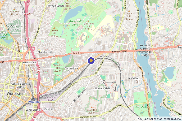 Map showing the location of Grace Riley Integrative Wellness in Worcester, MA