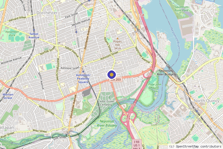 Map showing the location of Boston X in Dorchester, MA