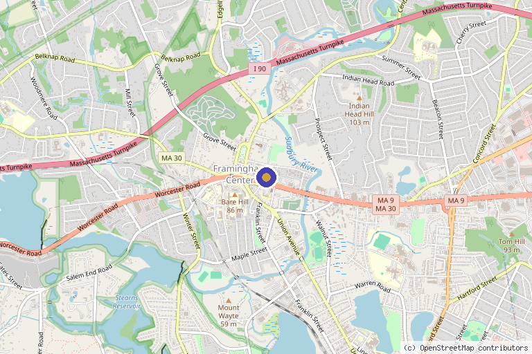 Map showing the location of StarBella Spa in Framingham, MA