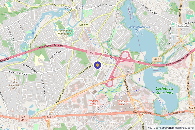 Map showing the location of DermalTouch Aesthetic & Wellness Center in Framingham, MA