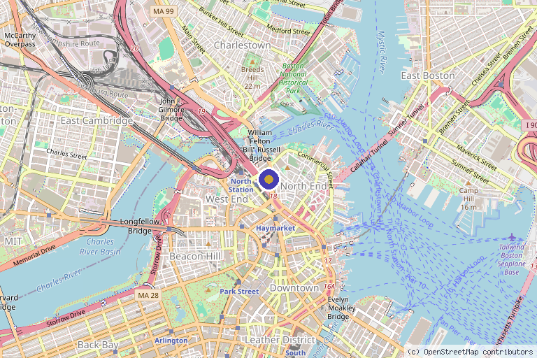Map showing the location of Ortho Therapeutics and Wellness in Boston, MA