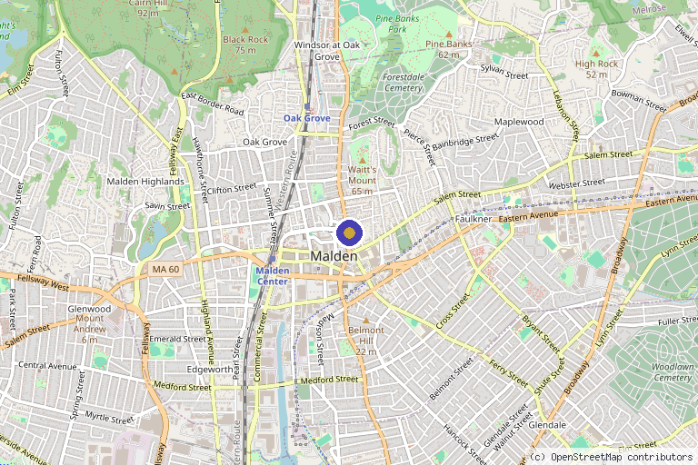 Map showing the location of Luxury Aesthetics Center in Malden, MA