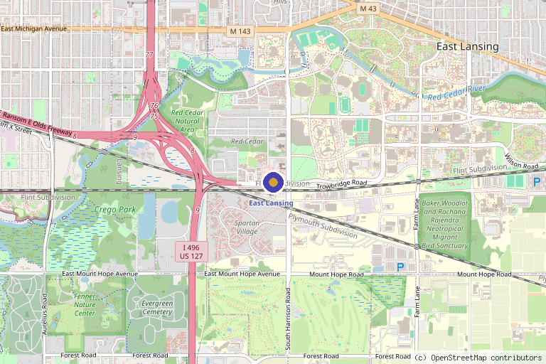 Map showing the location of Grand Beauty Aesthetics in East Lansing, MI