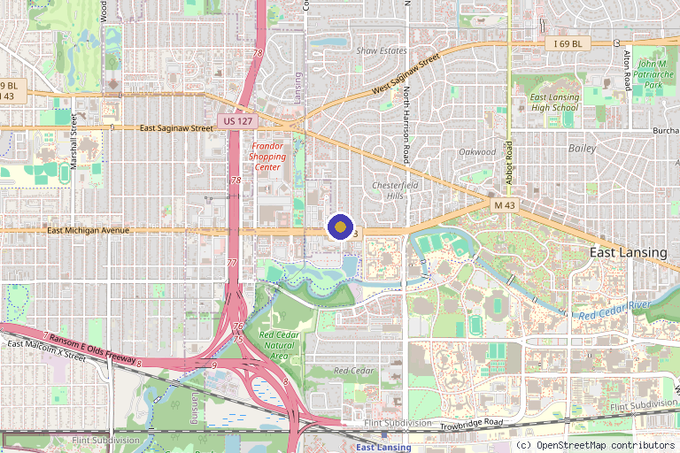 Map showing the location of Wycoff Wellness in East Lansing, MI